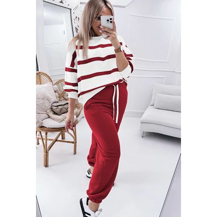 Red Stripe Drop Shoulder Pullover and Jogger Pants Set