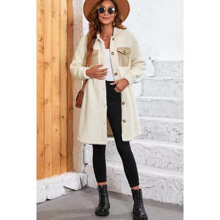Beige Contrast Flap Pocket Single Breasted Teddy Coat