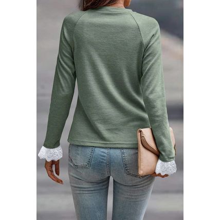 Grass Green Seam Detail Lace Contrast Cuffs Raglan Sleeve Top