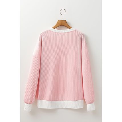 Peach Blossom Corded Colorblock Drop Shoulder Loose Top