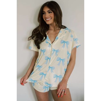 Yellow Bow Printed Short Sleeve Shirt Shorts Pajama Set