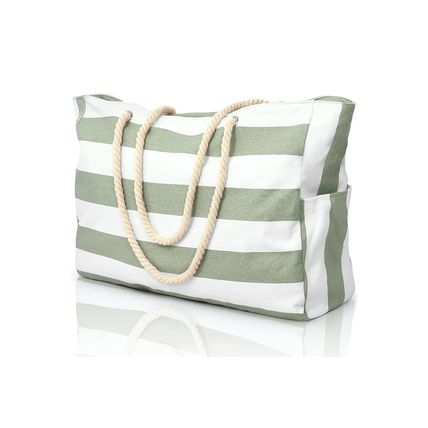Smoke Green Striped Waterproof Canvas Large Capacity Tote Bag