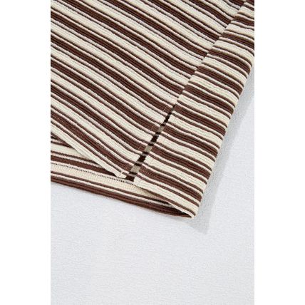Brown Stripe Textured Side Slits Crew Neck T Shirt
