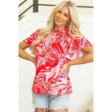 Red Abstract Print Ruffled Short Sleeve Mock Neck Blouse