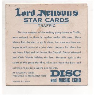 60's group 'TRAFFIC' Vintage 60's Lord Neilson's pop star card