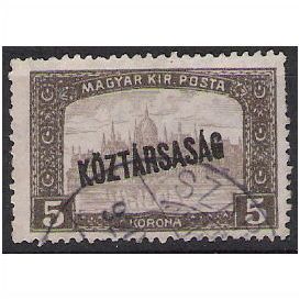 Mi 234: 5 Kr. deep brown/brown Defin.: Parliament, overprinted 'KÖZTÁRSASÁG.'
