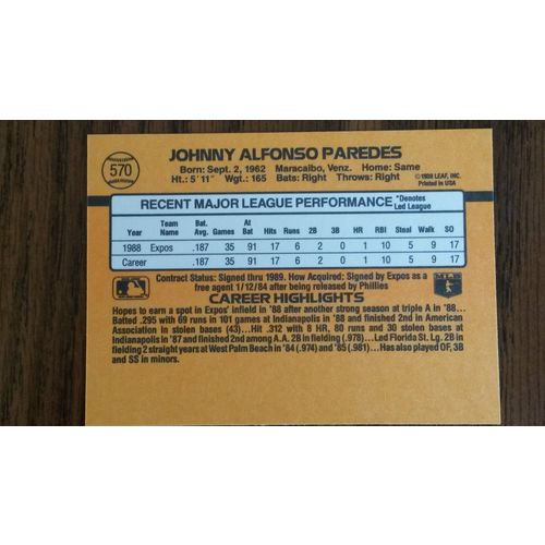 1989 Donruss Card # 570 Johnny Paredes Excellent (5) Montreal Expos