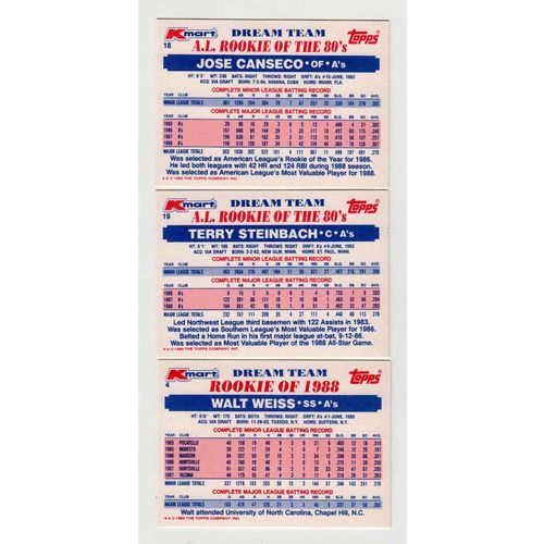 THREE 1989 Topps Kmart Dream Team Athletics cards-4 Weiss 18 Canseco 19 Steinbac