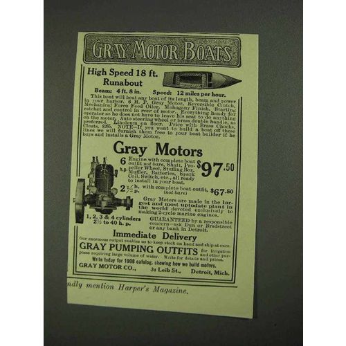 1908 Gray Motor Boats Ad - High Speed 18 ft. Runabout - NICE!