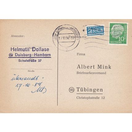 Germany 1954 10pf+2pf Duisburg to Tubingen Postcard Duisburg cancel written VGC