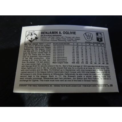 1981 Kellogg's 3-D Super Stars Card # 20 Ben Oglivie Ex (5) Milwaukee Brewers