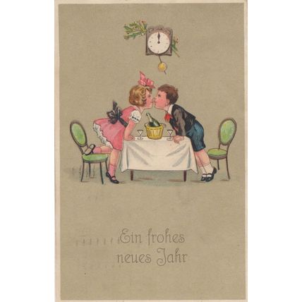 Happy New Year Swiss Children Romance Under Clock Postcard