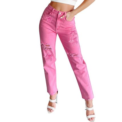 Pink Star Shape Patchwork Mid Waist Straight Leg Jeans
