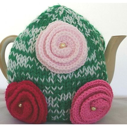 Hand Knitted, Thick, 6 Cup Tea Cosy Decorated with Roses - Made in Australia