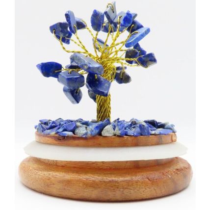 Lapis Lazuli Gem Tree Ornament Under a Glass Dome on a Wooden Base 11 CM Gift