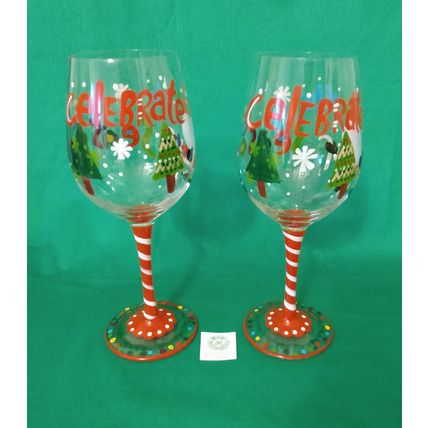 PAIR of HANDPAINTED PIER 1 CELEBRATE THE SEASON CHRISTMAS SANTA 9" WINE GLASSES