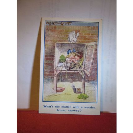 IN A RABBIT HUTCH unused vintage postcard children HUMOUR =