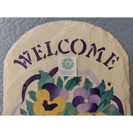 HANDPAINTED WELCOME SLATE DOOR HANGING with YELLOW & PURPLE PANSIES