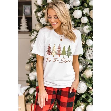 White Cute Christmas Trees Print Crew Neck T Shirt