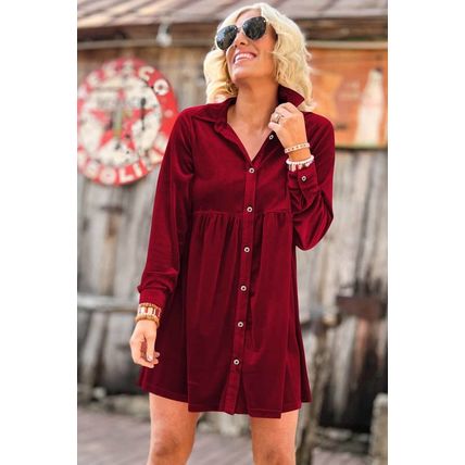 Red Long Sleeve Ruffle Velvet Button Up Dress