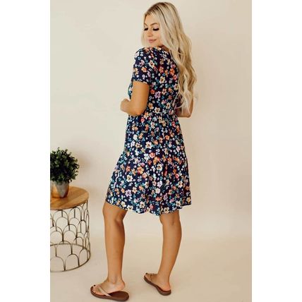 Blue Short Sleeve A-line Floral Dress