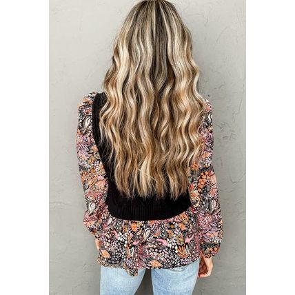 Black Contrast Floral Sleeve Peplum Sweater