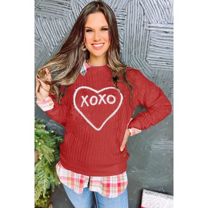 Racing Red Heart XOXO Chenille Embroidered Textured Sweatshirt