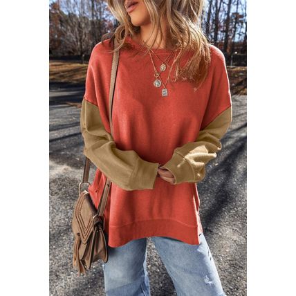 Gold Flame Two Tone Patchwork Drop Shoulder Pullover Sweatshirt