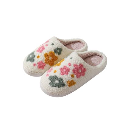 White Flower Pattern Slip On Plush Home Slippers