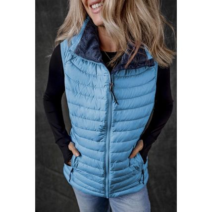 Sky Blue Plush Collared Quilted Zipped Puffer Vest