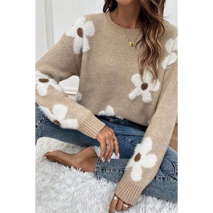 Parchment Flower Pattern Ribbed Trim Crew Neck Sweater