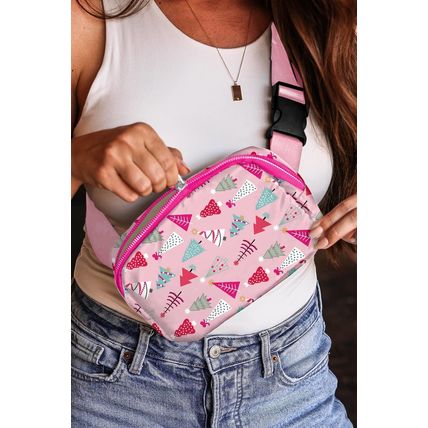 Pink Christmas Tree Print Buckle Wide Strap Sling Bag