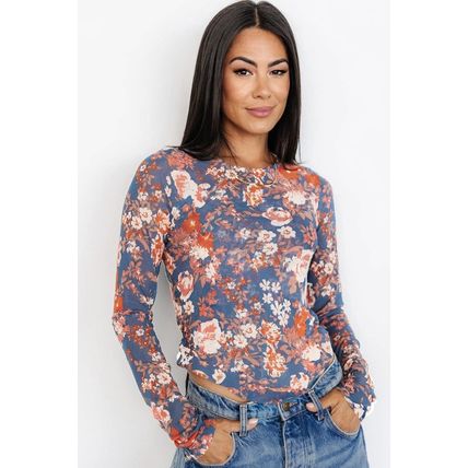 Orchid Petal Floral Print Mesh Fitted Long Sleeve Top