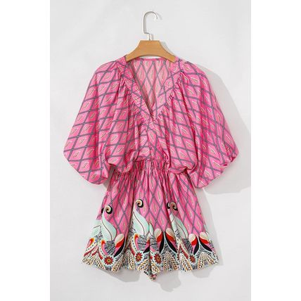 Pink Paisley Geometric Print V Neck High Waist Romper