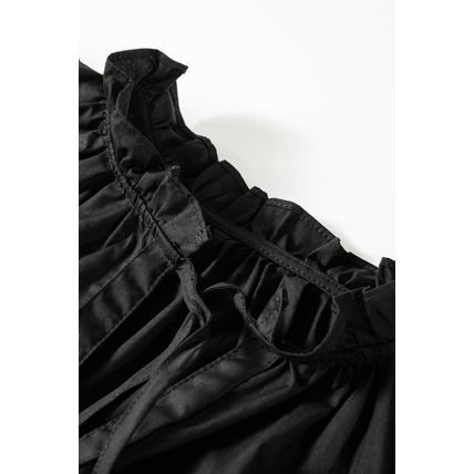 Black Ruffled Puff Short Sleeve Loose Blouse