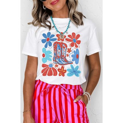 White Floral Cowgirl Boots Print Independence Day T Shirt