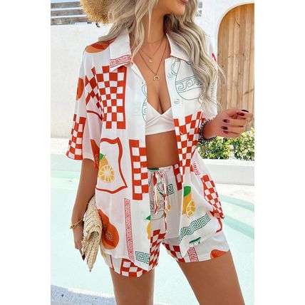 Orange Vacation Printed Loose Shirt and Drawstring Shorts Set