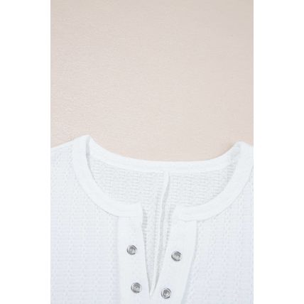 White Textured Hollow Grommet Placket Split Neck Short Sleeve Top