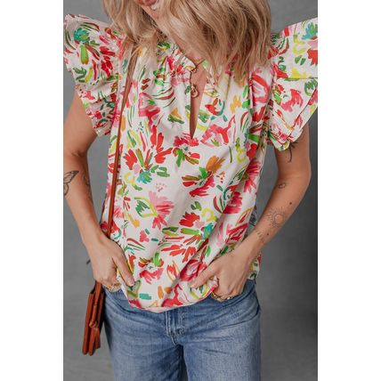 Multicolour Allover Floral Printed Flutter Sleeve Split Neck Blouse
