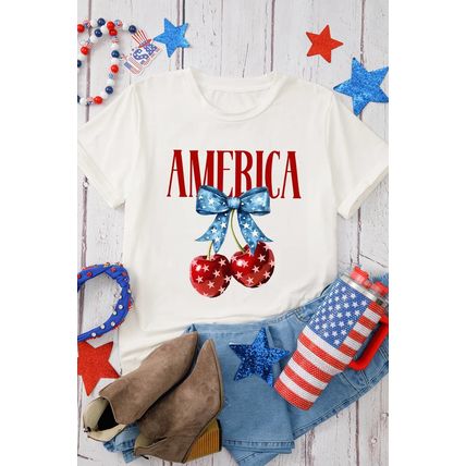 White AMERICA Bow Cherry Print Crewneck T Shirt