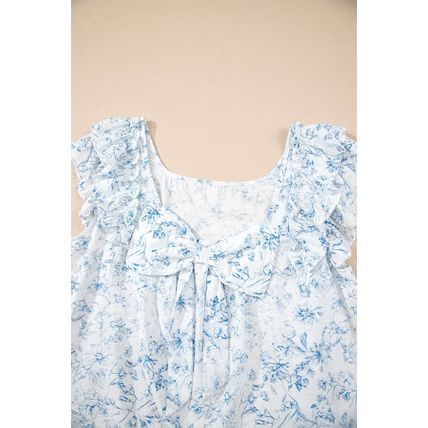 Sky Blue Floral Ruffled Short Sleeve Bow Back Square Neck Blouse