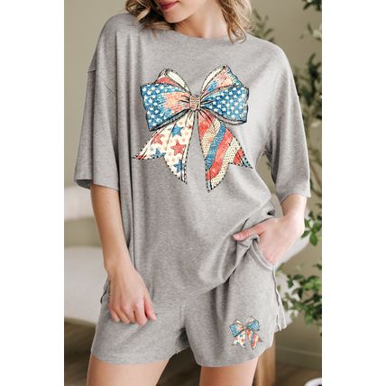 Gray USA Flag Bow Print Half Sleeve Tee and High Waist Shorts Set