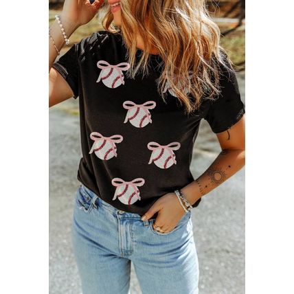 Black Shimmering Sequin Bow Ball Patterned Game Day Casual Tee