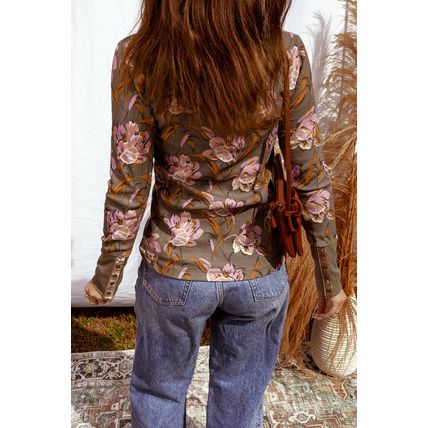 Brown Floral Print Waffle Textured Long Sleeve Top
