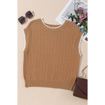 Camel Contrast Trim Boxy Fit Knit Short Sleeve Sweater Top