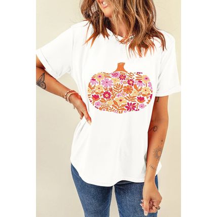 White Floral Pumpkin Cracking Print Thanksgiving Fashion T Shirt