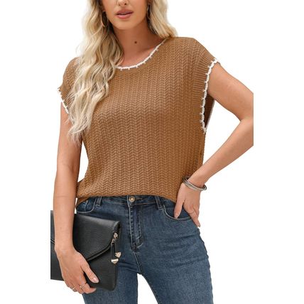 Camel Contrast Trim Boxy Fit Knit Short Sleeve Sweater Top