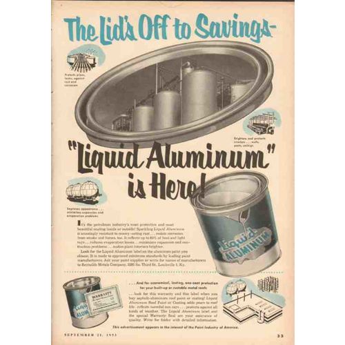 reynolds metals company 1953 savings liquid aluminum oil vintage ad