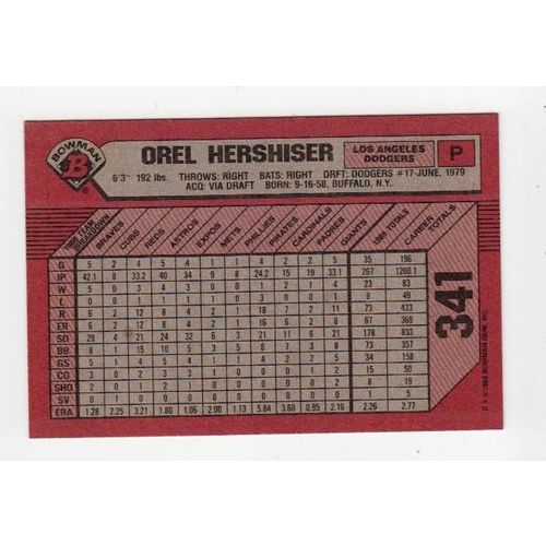 1989 Bowman Orel Hershiser baseball card #341 – Dodgers