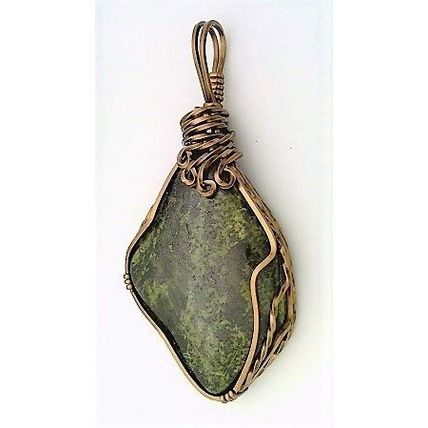 Green Black Serpentine Bronze Copper Wire Wrap Gemstone Pendant 20